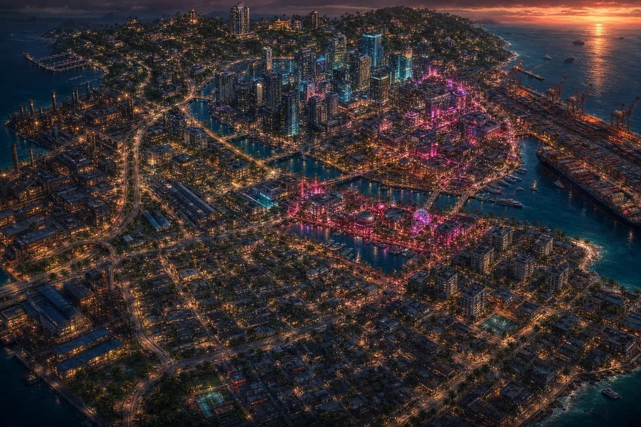 Isometric view of Riva City at dusk, neon lights along the coast